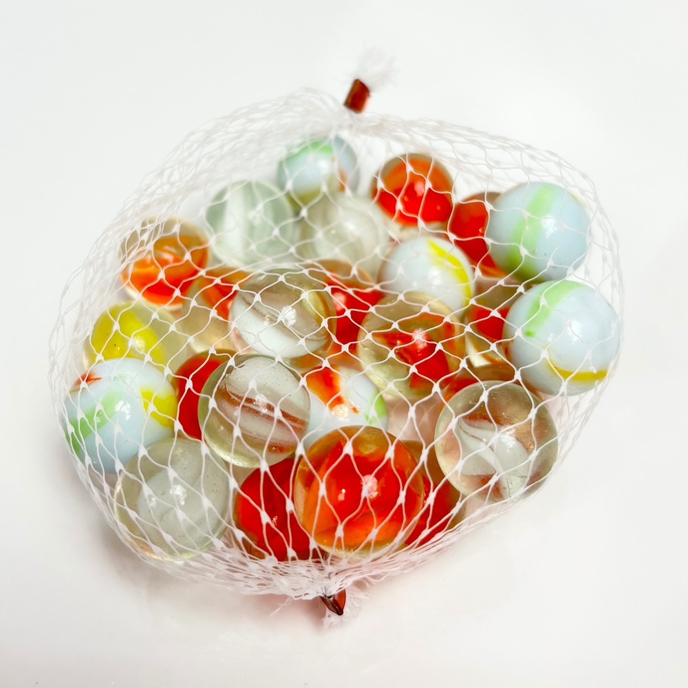 Assorted Glass Marbles Set Mesh Bag Cats Eye Swirls Red Orange Green Clear